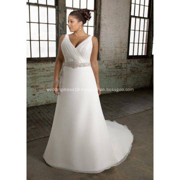 A-line V-neck Chapel Train Organza Over Satin Beading Plus Size Wedding Dress